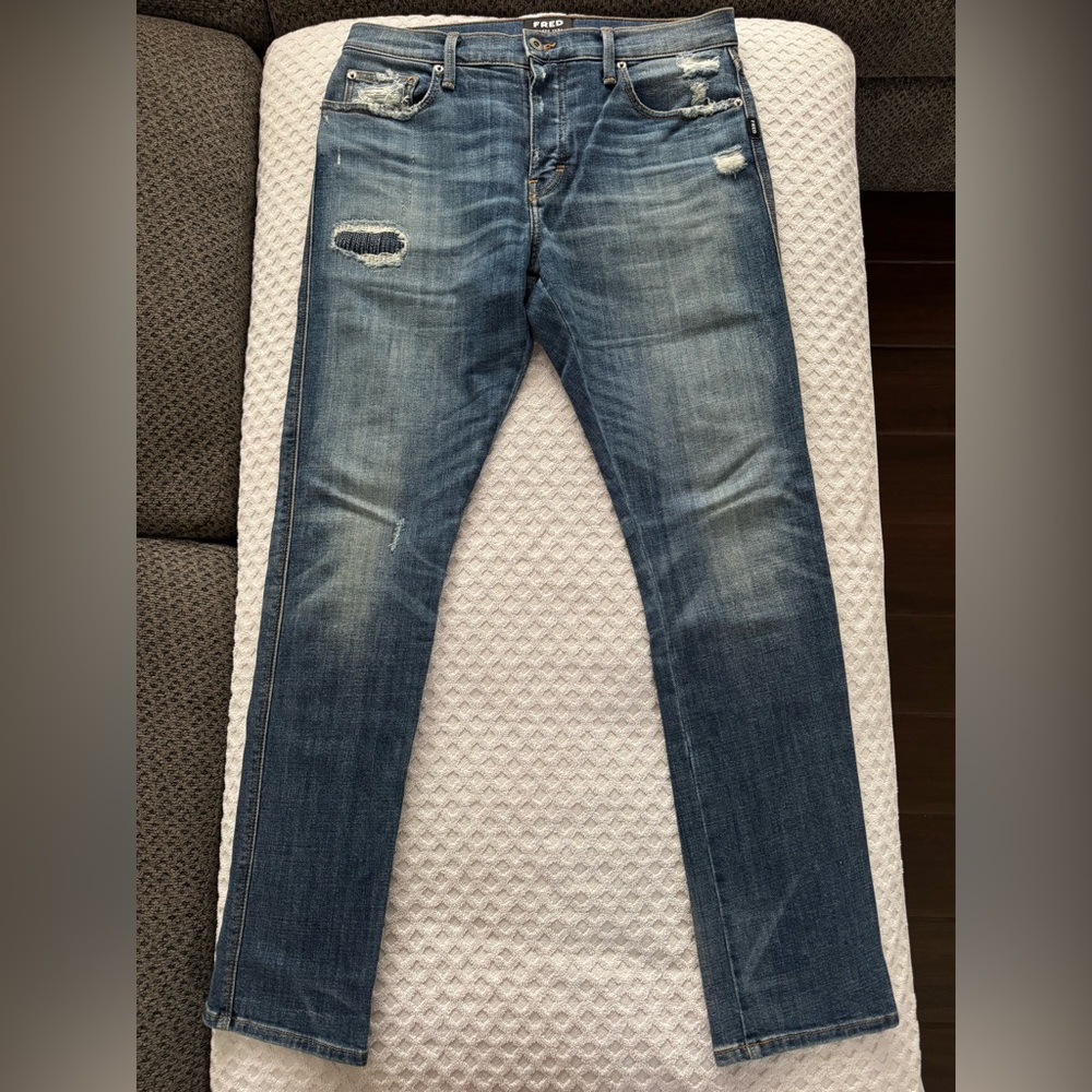 Fred by Fred Segal Bourbon Slim Distressed Denim Jeans 32x31.5 Made in LA USA